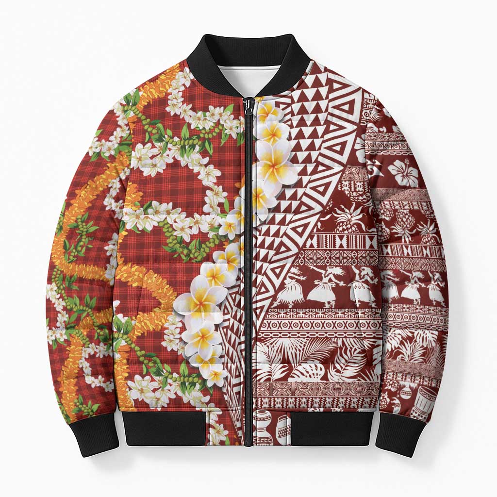 Hawaiian Plumeria Lei Bomber Puffer Jacket Kakau Motifs and Palaka Half Style Red Color - Polynesian Pride