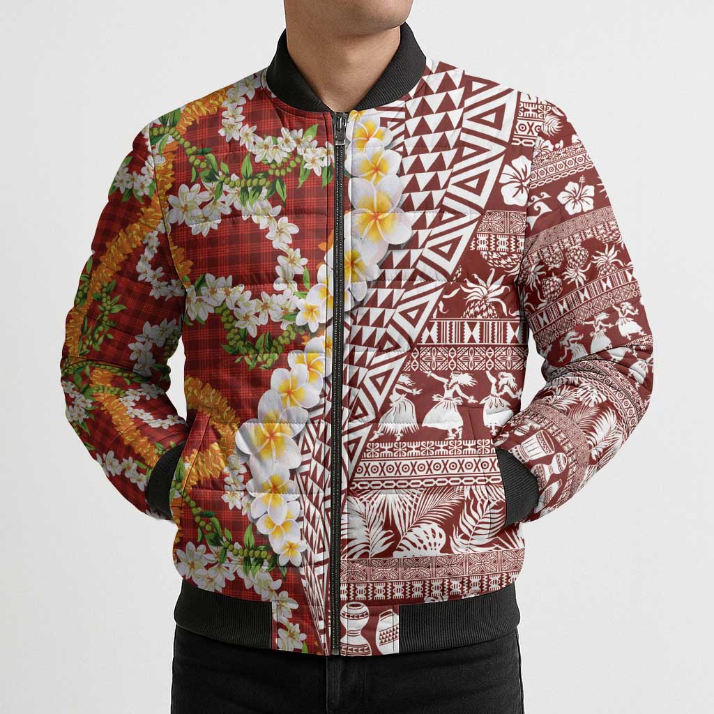Hawaiian Plumeria Lei Bomber Puffer Jacket Kakau Motifs and Palaka Half Style Red Color - Polynesian Pride
