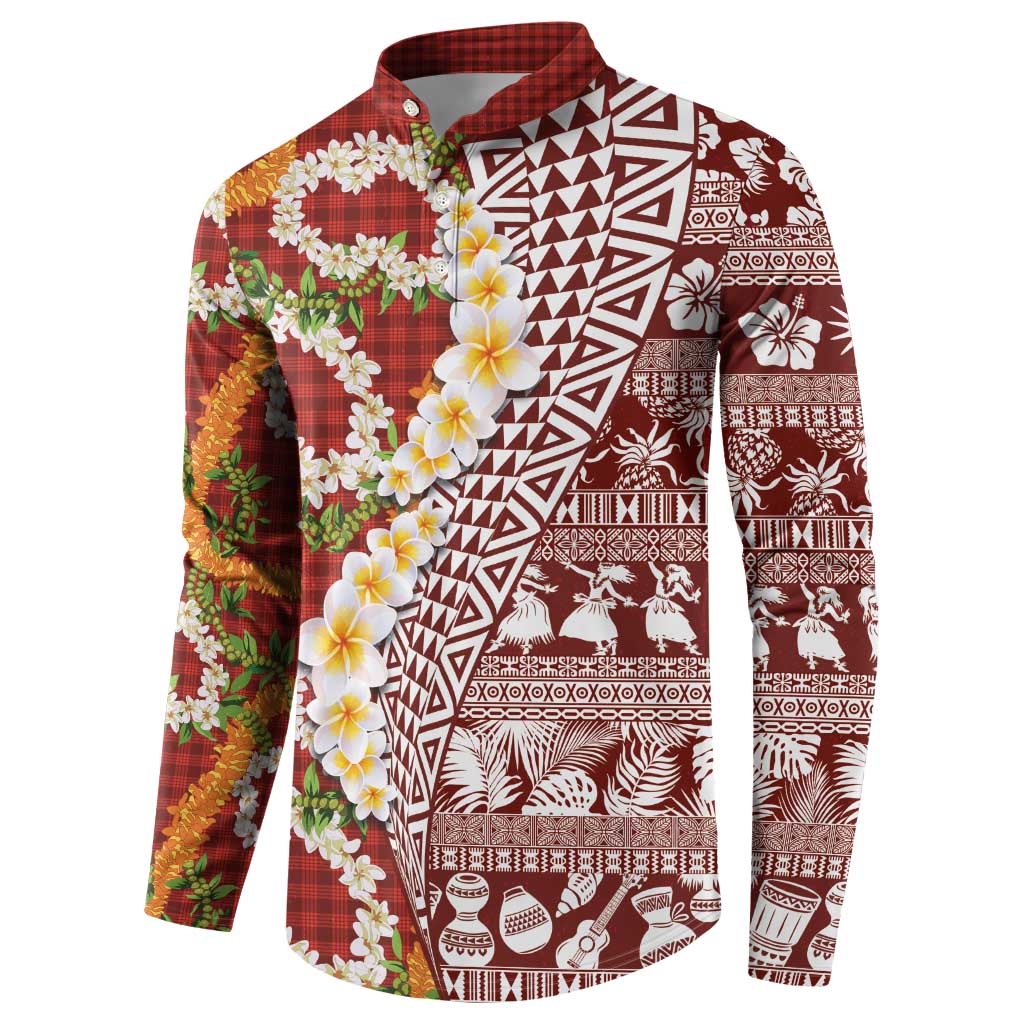 Hawaiian Plumeria Lei Button Sweatshirt Kakau Motifs and Palaka Half Style Red Color - Polynesian Pride
