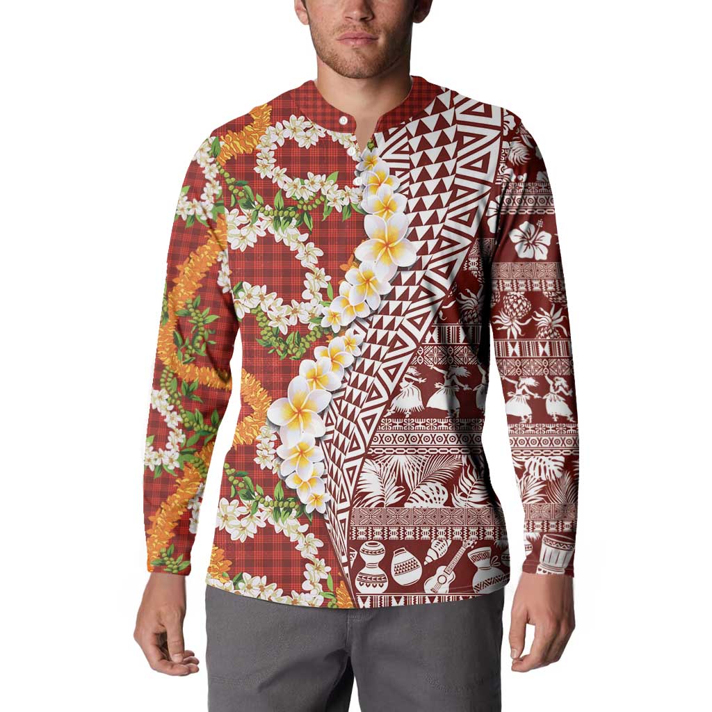 Hawaiian Plumeria Lei Button Sweatshirt Kakau Motifs and Palaka Half Style Red Color - Polynesian Pride