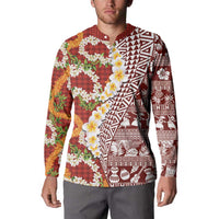 Hawaiian Plumeria Lei Button Sweatshirt Kakau Motifs and Palaka Half Style Red Color - Polynesian Pride