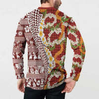Hawaiian Plumeria Lei Button Sweatshirt Kakau Motifs and Palaka Half Style Red Color - Polynesian Pride