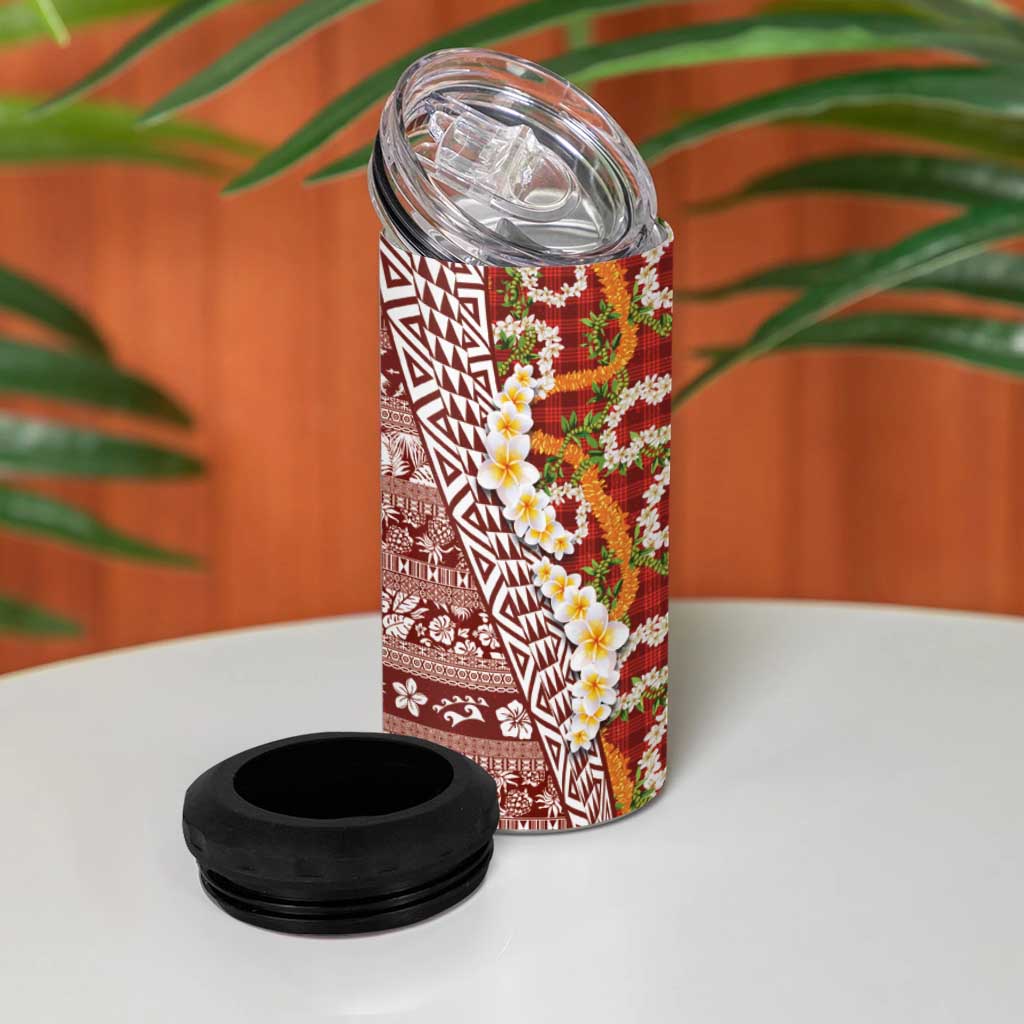 Hawaiian Plumeria Lei 4 in 1 Can Cooler Tumbler Kakau Motifs and Palaka Half Style Red Color - Polynesian Pride