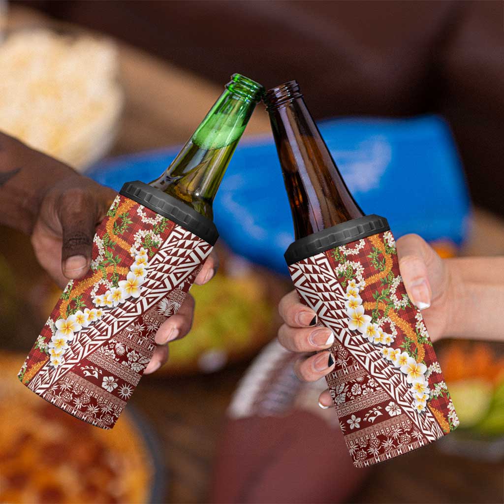 Hawaiian Plumeria Lei 4 in 1 Can Cooler Tumbler Kakau Motifs and Palaka Half Style Red Color - Polynesian Pride