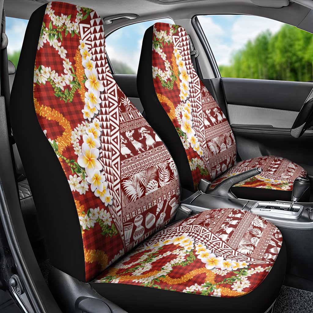 Hawaiian Plumeria Lei Car Seat Cover Kakau Motifs and Palaka Half Style Red Color - Polynesian Pride