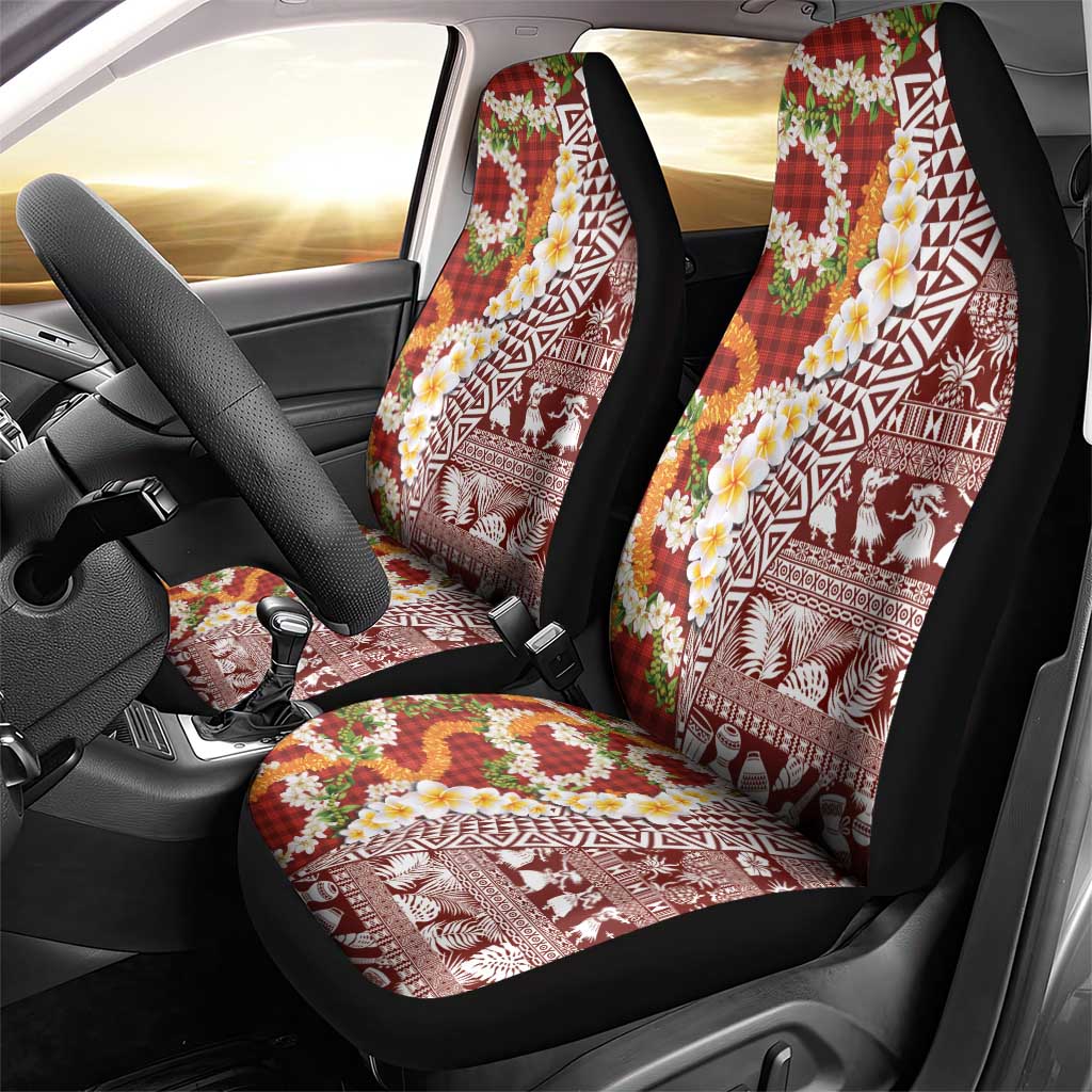 Hawaiian Plumeria Lei Car Seat Cover Kakau Motifs and Palaka Half Style Red Color - Polynesian Pride