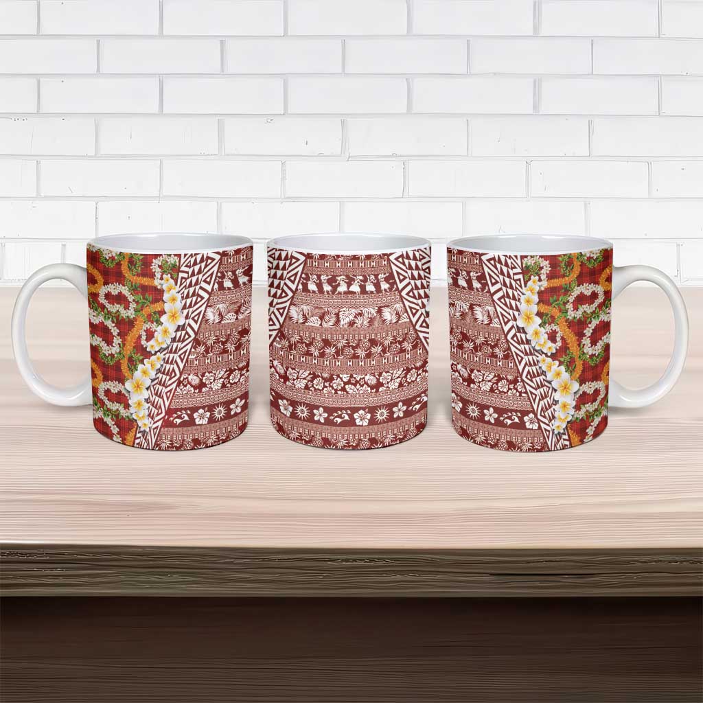 Hawaiian Plumeria Lei Ceramic Mug Kakau Motifs and Palaka Half Style Red Color - Polynesian Pride