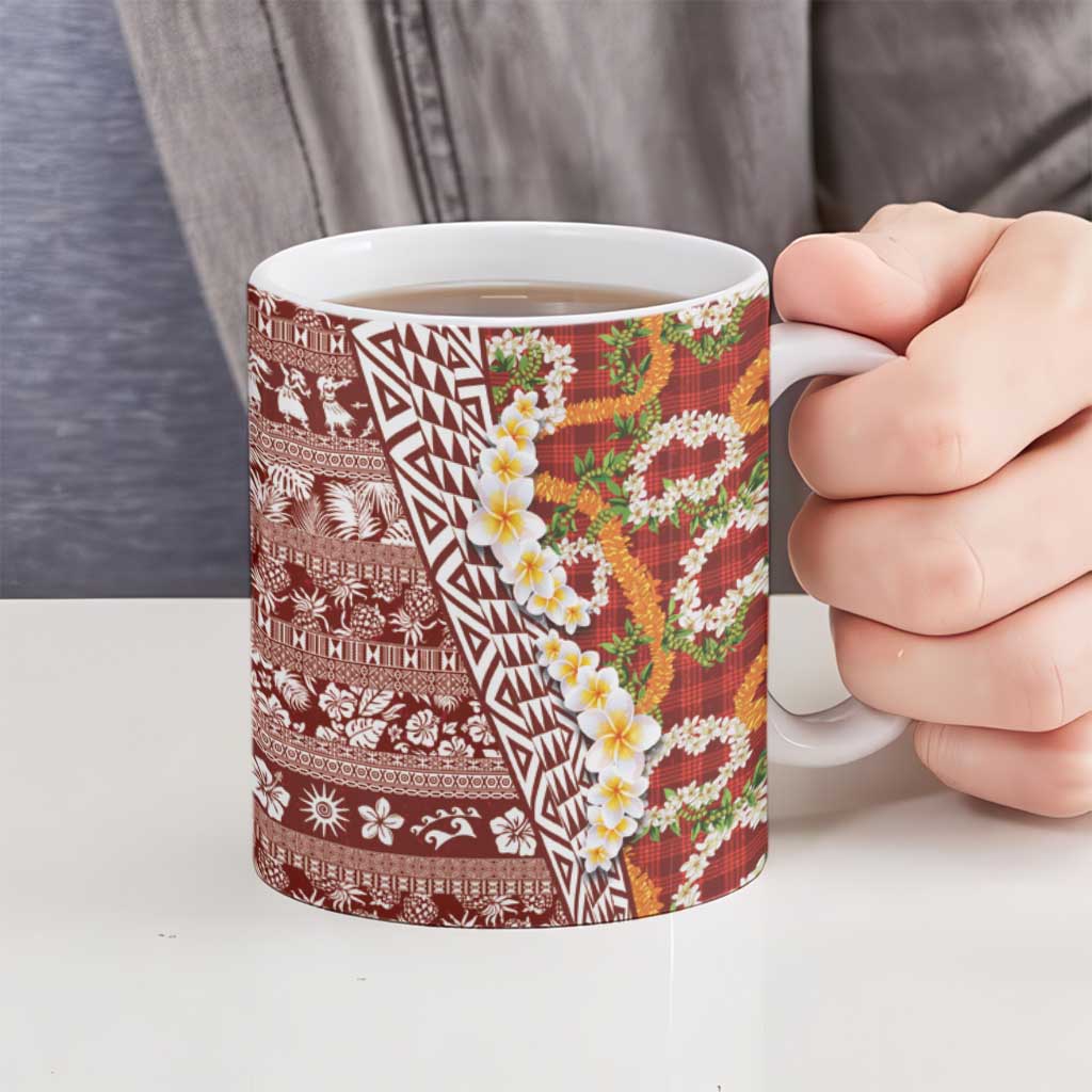 Hawaiian Plumeria Lei Ceramic Mug Kakau Motifs and Palaka Half Style Red Color - Polynesian Pride