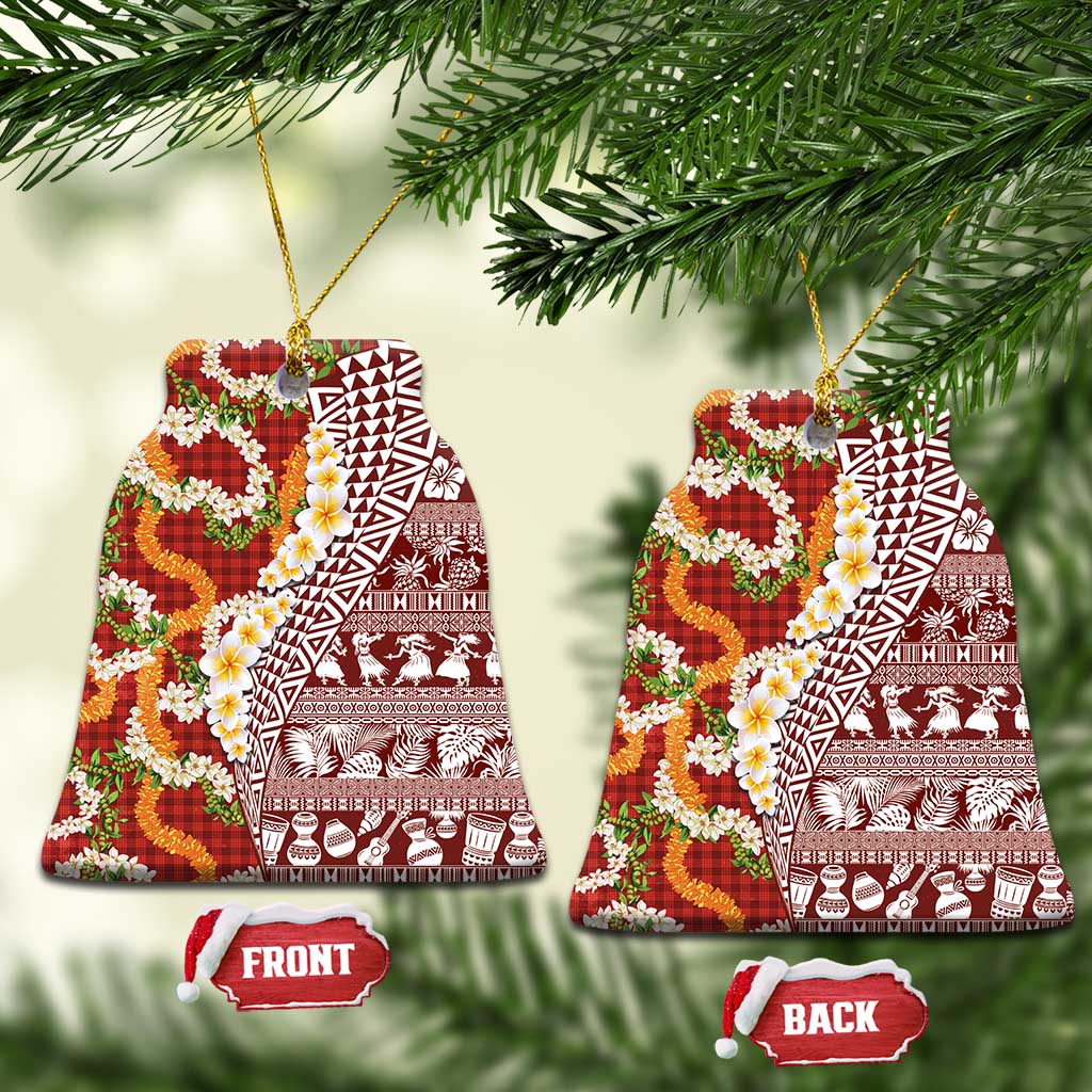 Hawaiian Plumeria Lei Ceramic Ornament Kakau Motifs and Palaka Half Style Red Color - Polynesian Pride
