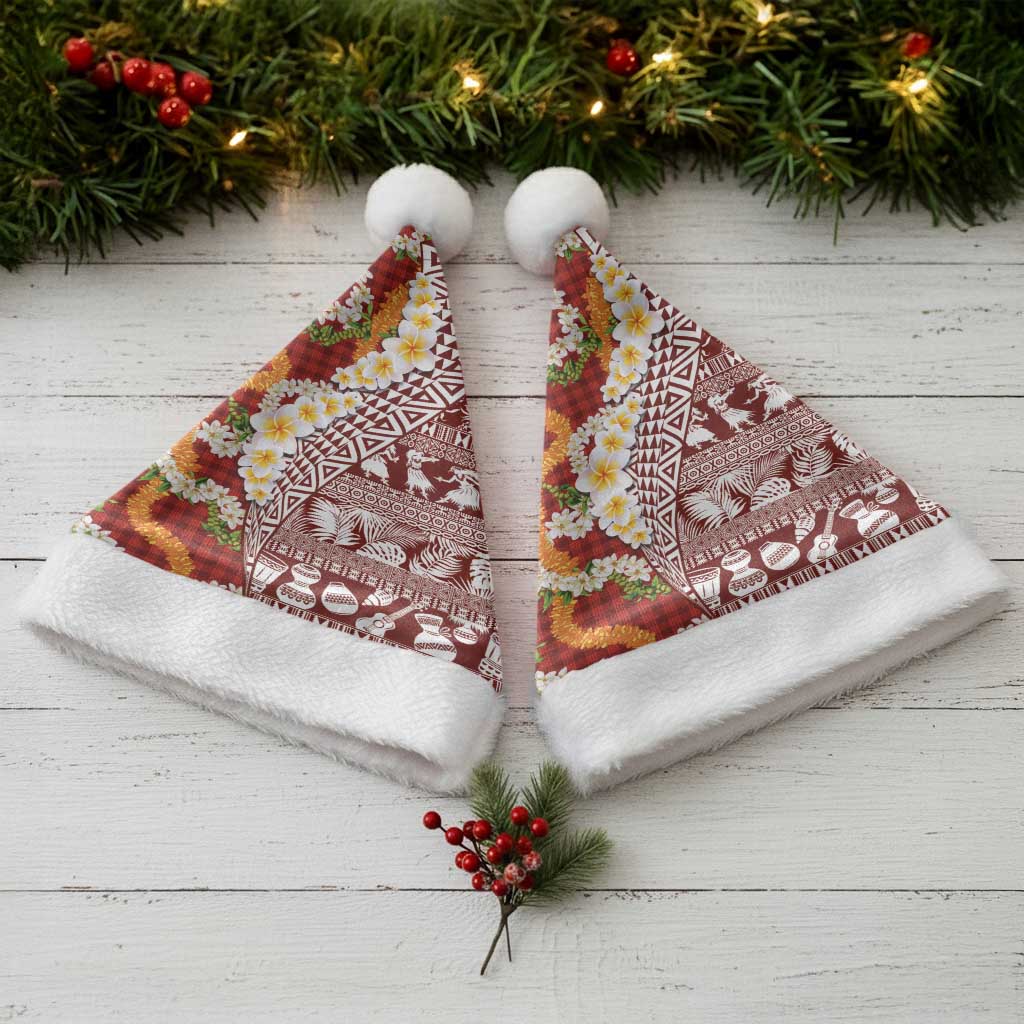 Hawaiian Plumeria Lei Christmas Santa Hat Kakau Motifs and Palaka Half Style Red Color - Polynesian Pride
