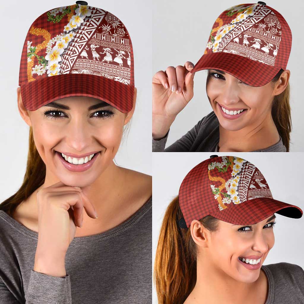 Hawaiian Plumeria Lei Classic Cap Kakau Motifs and Palaka Half Style Red Color - Polynesian Pride