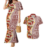 Hawaiian Plumeria Lei Couples Matching Mermaid Dress and Hawaiian Shirt Kakau Motifs and Palaka Half Style Red Color - Polynesian Pride