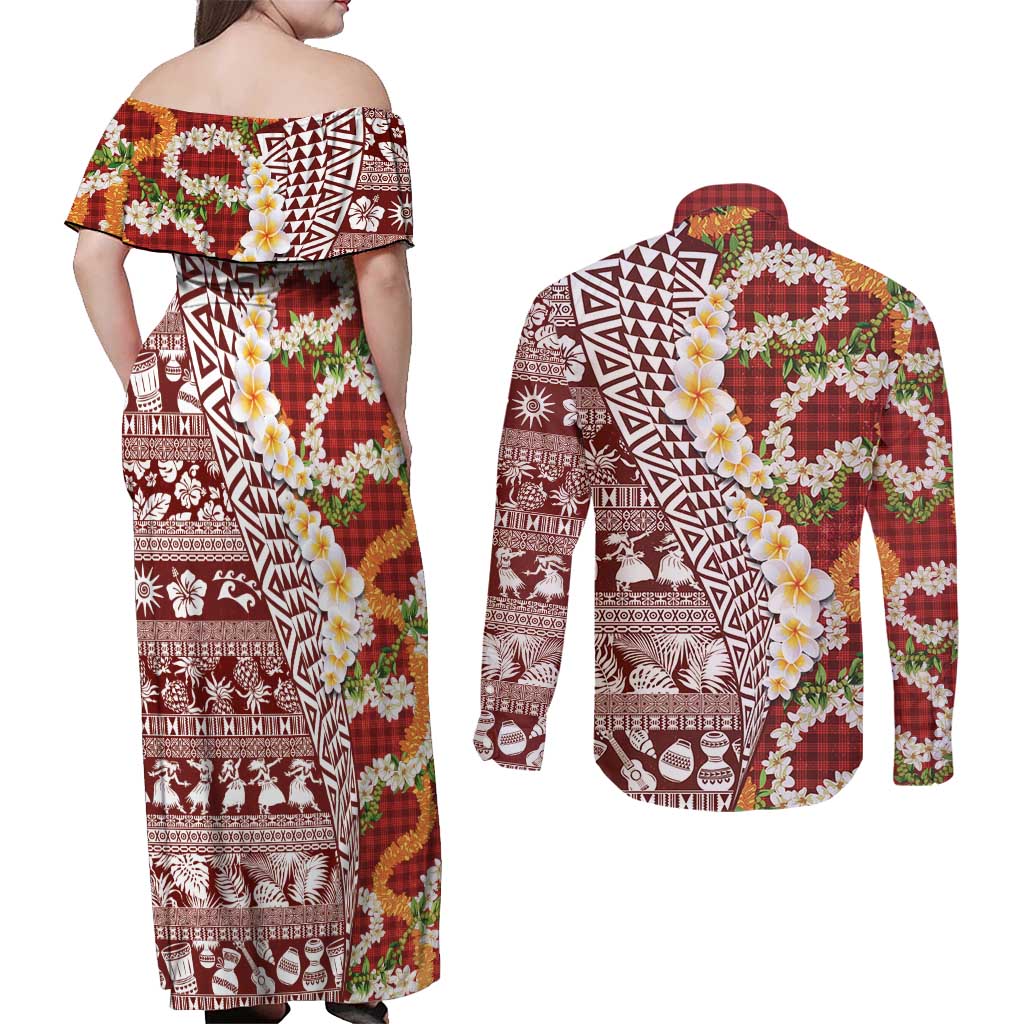 Hawaiian Plumeria Lei Couples Matching Off Shoulder Maxi Dress and Long Sleeve Button Shirt Kakau Motifs and Palaka Half Style Red Color - Polynesian Pride