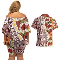 Hawaiian Plumeria Lei Couples Matching Off Shoulder Short Dress and Hawaiian Shirt Kakau Motifs and Palaka Half Style Red Color - Polynesian Pride