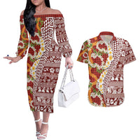 Hawaiian Plumeria Lei Couples Matching Off The Shoulder Long Sleeve Dress and Hawaiian Shirt Kakau Motifs and Palaka Half Style Red Color - Polynesian Pride