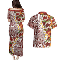 Hawaiian Plumeria Lei Couples Matching Puletasi and Hawaiian Shirt Kakau Motifs and Palaka Half Style Red Color - Polynesian Pride
