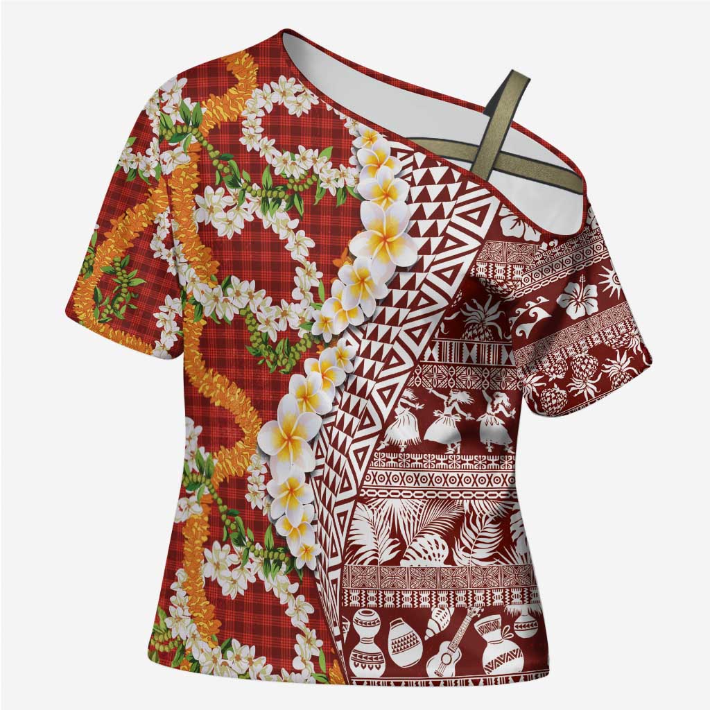 Hawaiian Plumeria Lei Cross Shoulder Shirt Kakau Motifs and Palaka Half Style Red Color - Polynesian Pride