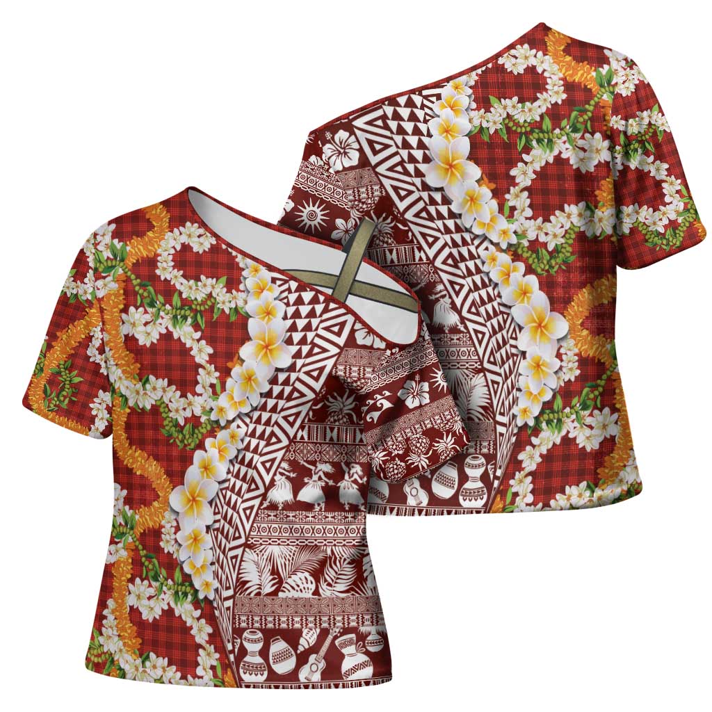 Hawaiian Plumeria Lei Cross Shoulder Shirt Kakau Motifs and Palaka Half Style Red Color - Polynesian Pride