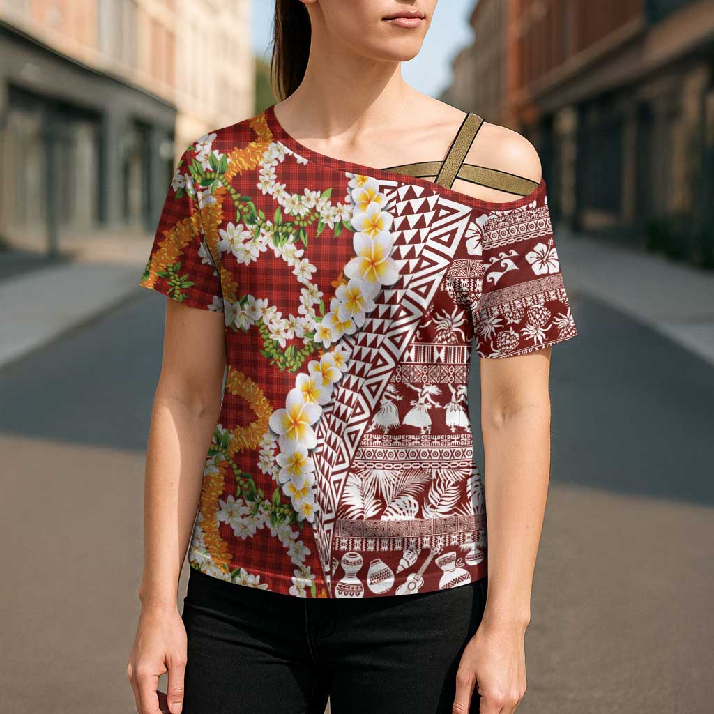 Hawaiian Plumeria Lei Cross Shoulder Shirt Kakau Motifs and Palaka Half Style Red Color - Polynesian Pride