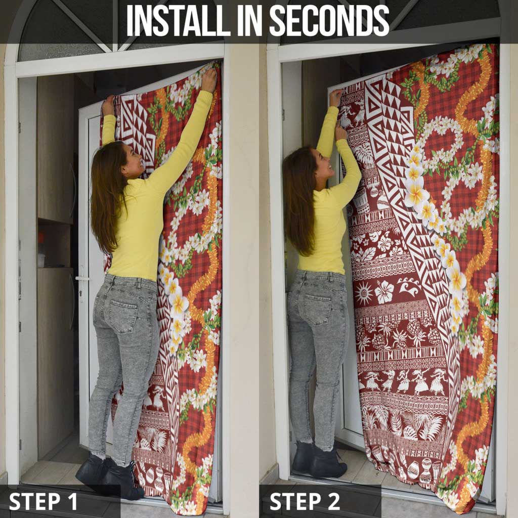 Hawaiian Plumeria Lei Door Cover Kakau Motifs and Palaka Half Style Red Color - Polynesian Pride