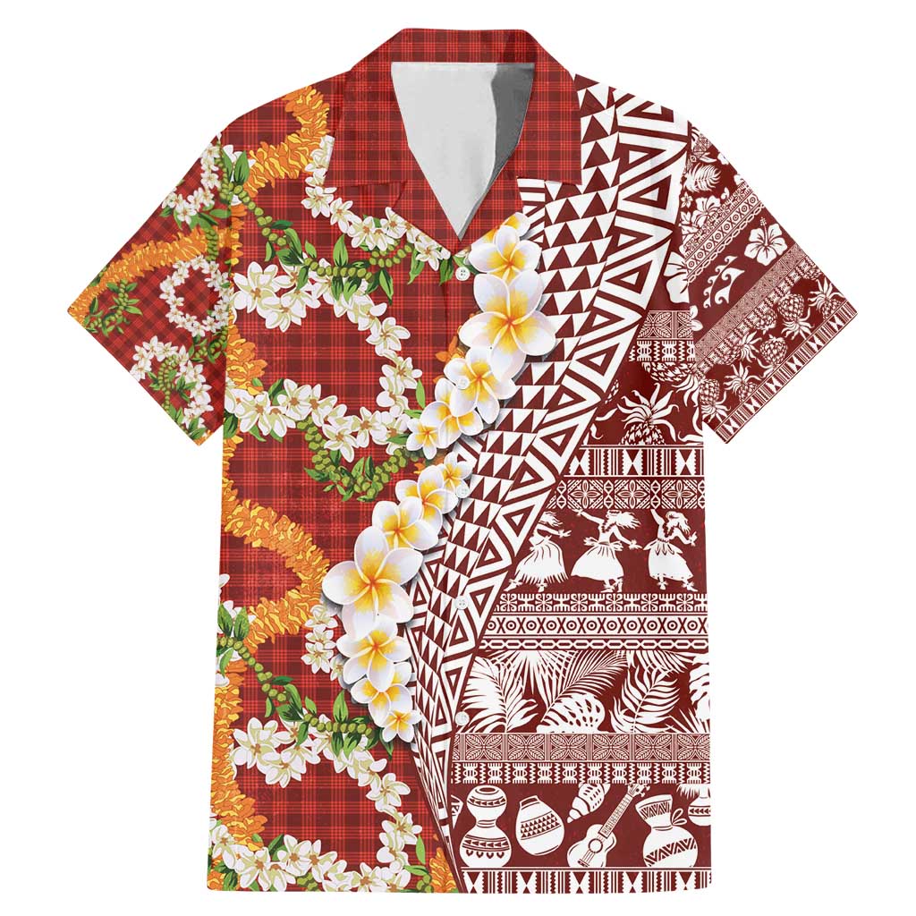 Hawaiian Plumeria Lei Family Matching Mermaid Dress and Hawaiian Shirt Kakau Motifs and Palaka Half Style Red Color - Polynesian Pride