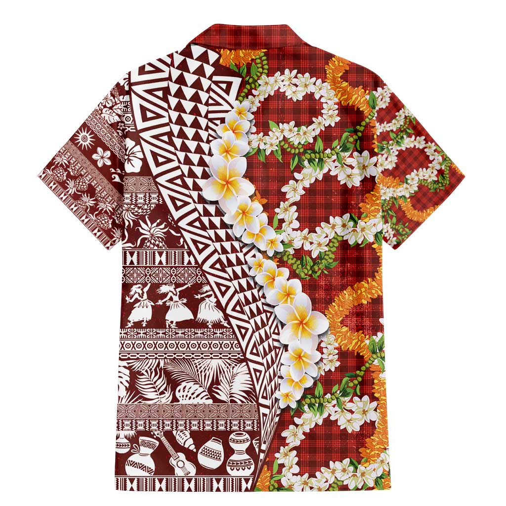Hawaiian Plumeria Lei Family Matching Mermaid Dress and Hawaiian Shirt Kakau Motifs and Palaka Half Style Red Color - Polynesian Pride