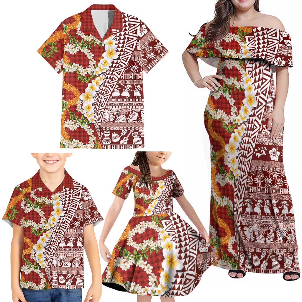 Hawaiian Plumeria Lei Family Matching Off Shoulder Maxi Dress and Hawaiian Shirt Kakau Motifs and Palaka Half Style Red Color LT03 - Polynesian Pride
