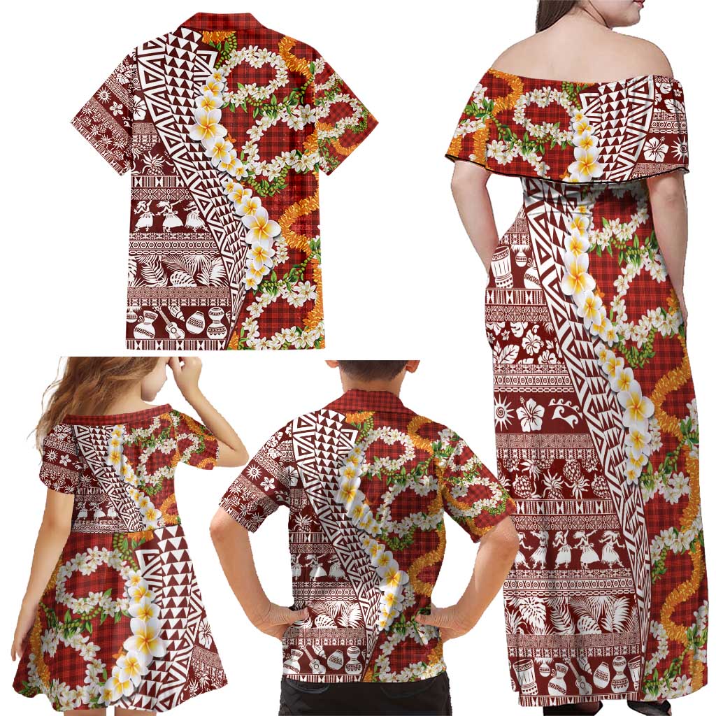 Hawaiian Plumeria Lei Family Matching Off Shoulder Maxi Dress and Hawaiian Shirt Kakau Motifs and Palaka Half Style Red Color - Polynesian Pride