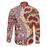 Hawaiian Plumeria Lei Family Matching Off Shoulder Short Dress and Hawaiian Shirt Kakau Motifs and Palaka Half Style Red Color - Polynesian Pride