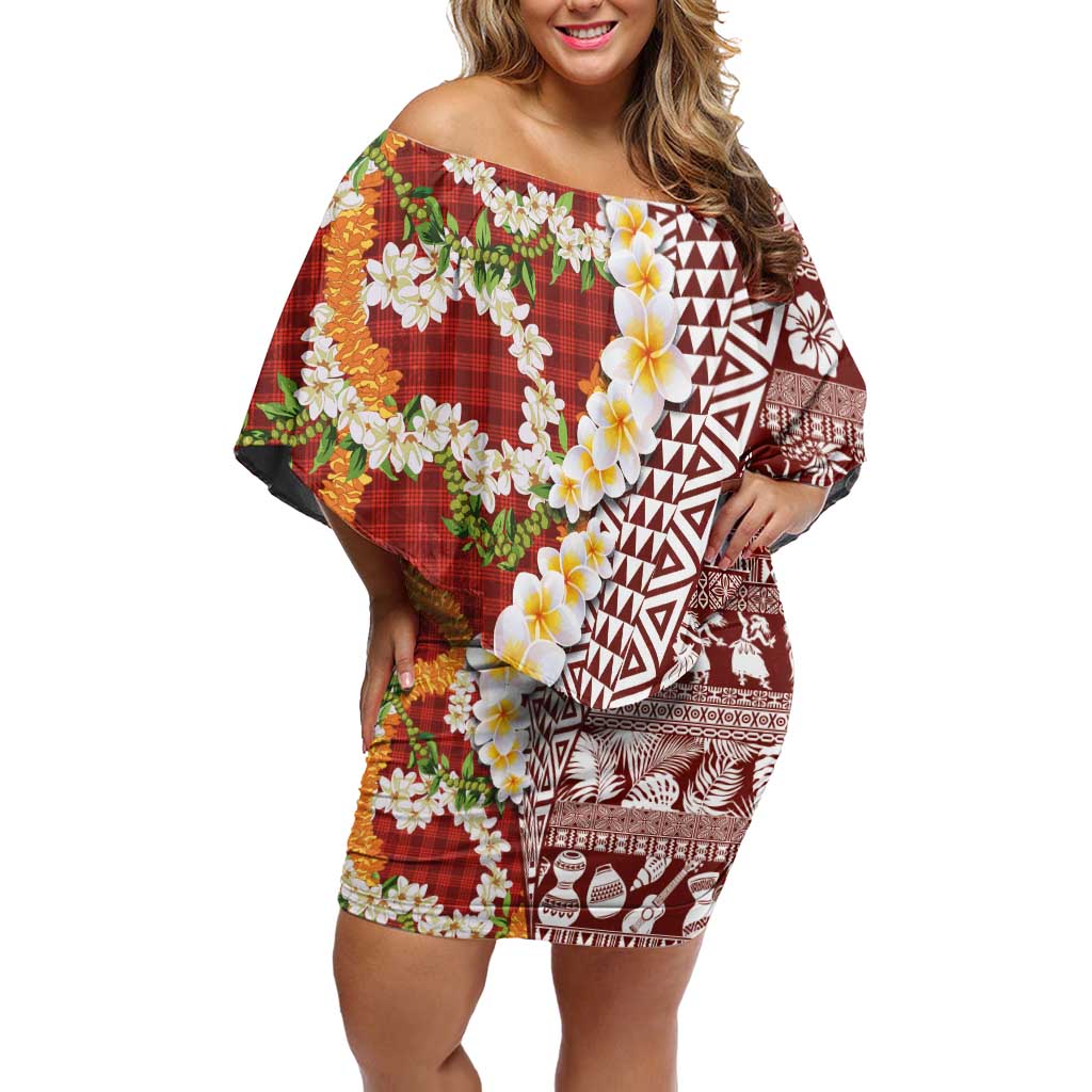 Hawaiian Plumeria Lei Family Matching Off Shoulder Short Dress and Hawaiian Shirt Kakau Motifs and Palaka Half Style Red Color - Polynesian Pride