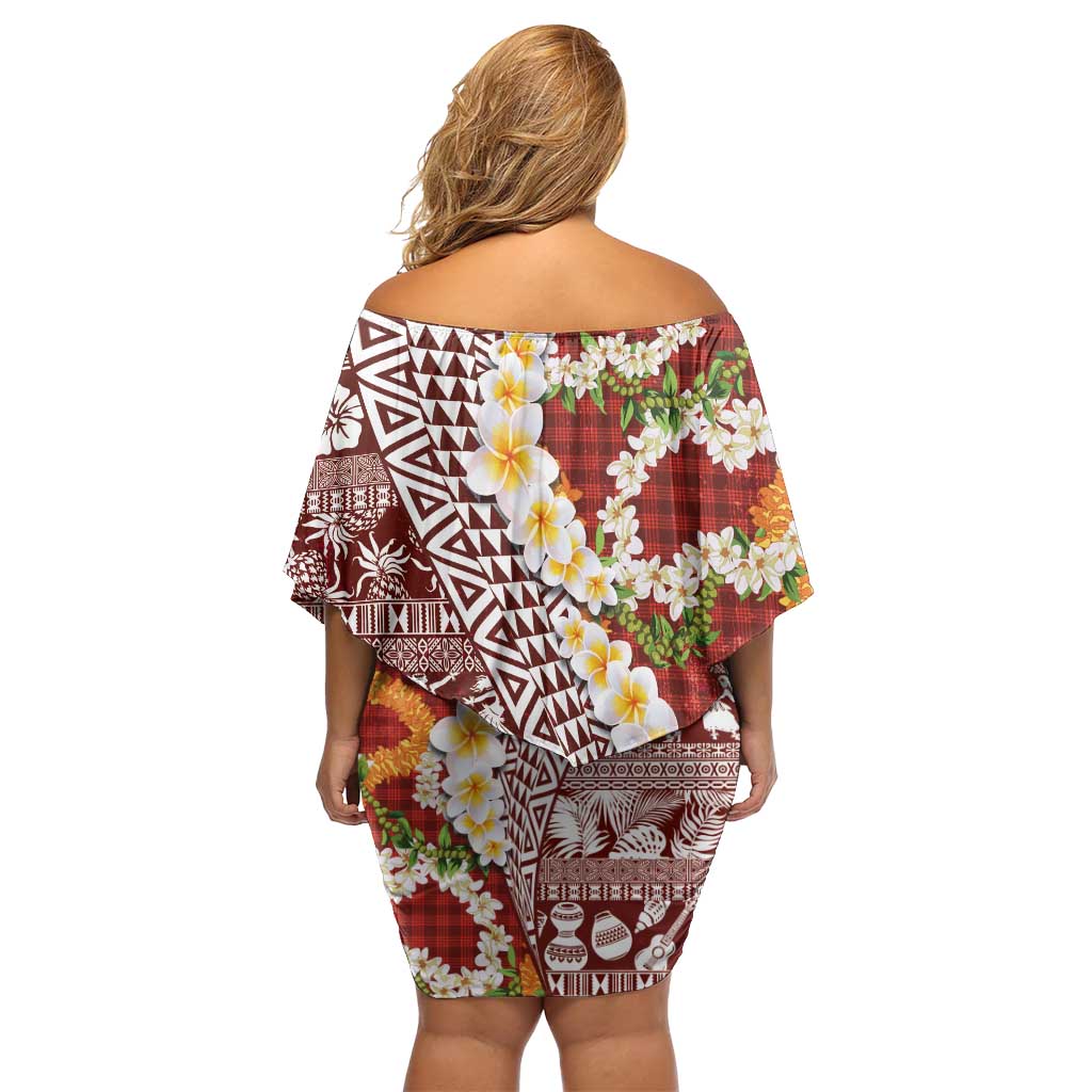 Hawaiian Plumeria Lei Family Matching Off Shoulder Short Dress and Hawaiian Shirt Kakau Motifs and Palaka Half Style Red Color - Polynesian Pride