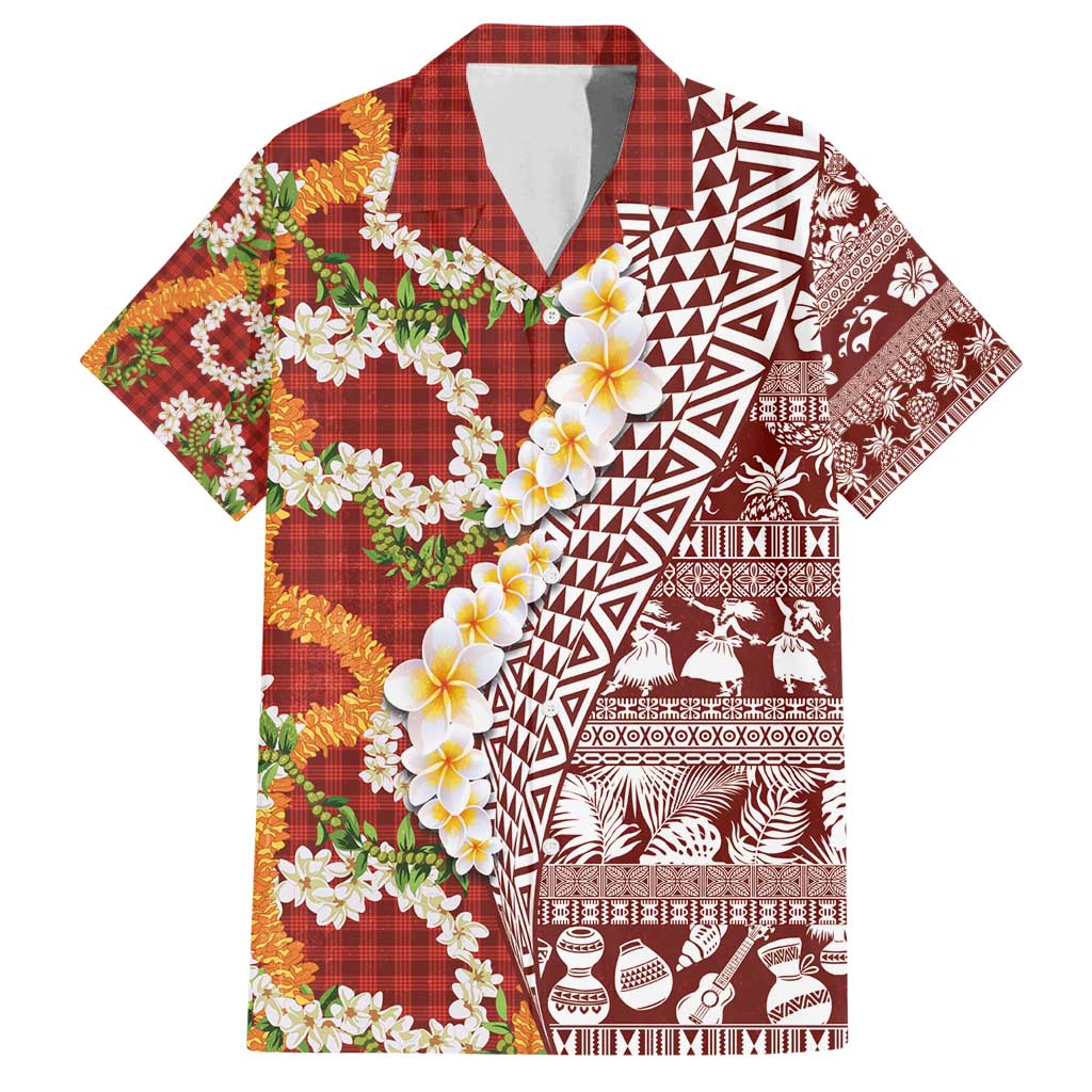 Hawaiian Plumeria Lei Family Matching Puletasi and Hawaiian Shirt Kakau Motifs and Palaka Half Style Red Color - Polynesian Pride