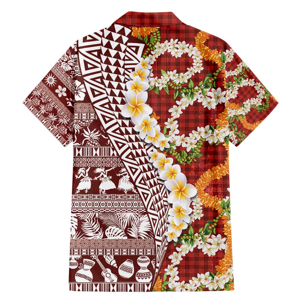 Hawaiian Plumeria Lei Family Matching Puletasi and Hawaiian Shirt Kakau Motifs and Palaka Half Style Red Color - Polynesian Pride