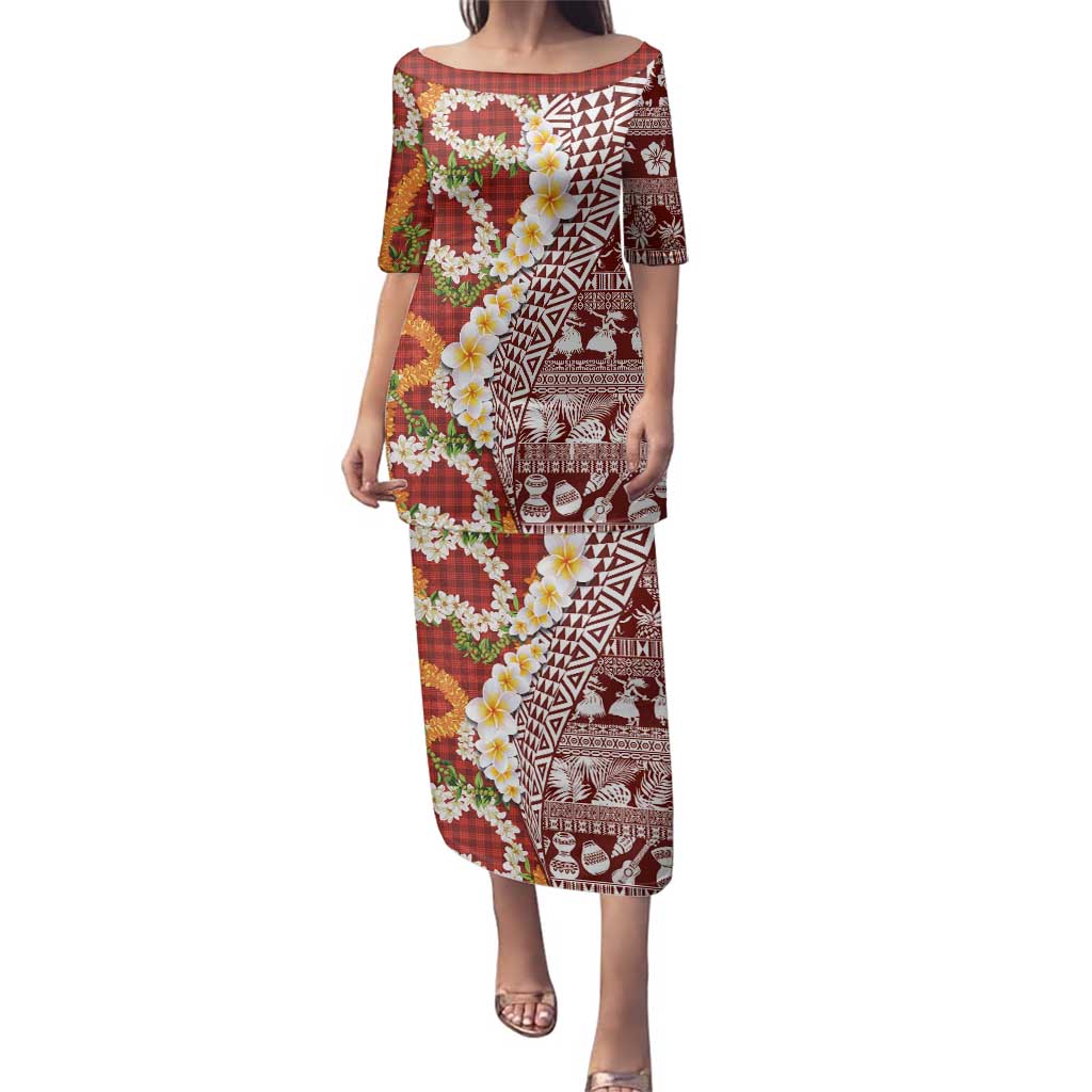 Hawaiian Plumeria Lei Family Matching Puletasi and Hawaiian Shirt Kakau Motifs and Palaka Half Style Red Color - Polynesian Pride