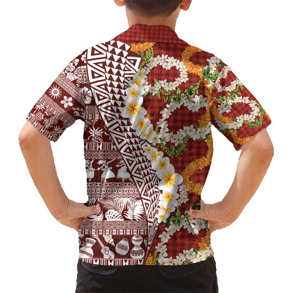 Hawaiian Plumeria Lei Family Matching Short Sleeve Bodycon Dress and Hawaiian Shirt Kakau Motifs and Palaka Half Style Red Color - Polynesian Pride