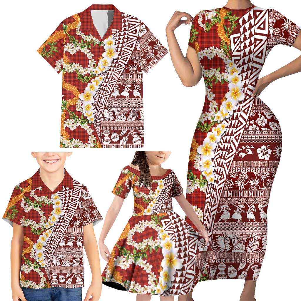 Hawaiian Plumeria Lei Family Matching Short Sleeve Bodycon Dress and Hawaiian Shirt Kakau Motifs and Palaka Half Style Red Color LT03 - Polynesian Pride