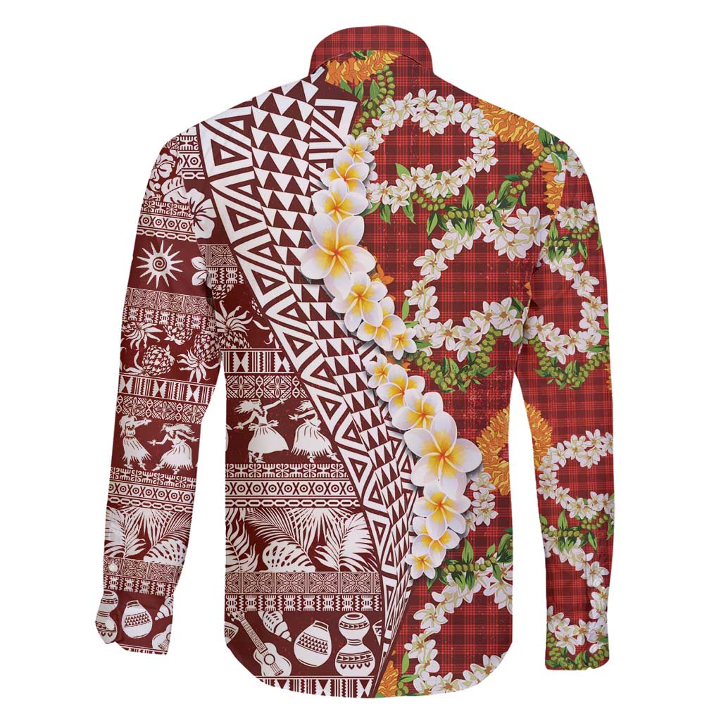 Hawaiian Plumeria Lei Family Matching Short Sleeve Bodycon Dress and Hawaiian Shirt Kakau Motifs and Palaka Half Style Red Color - Polynesian Pride