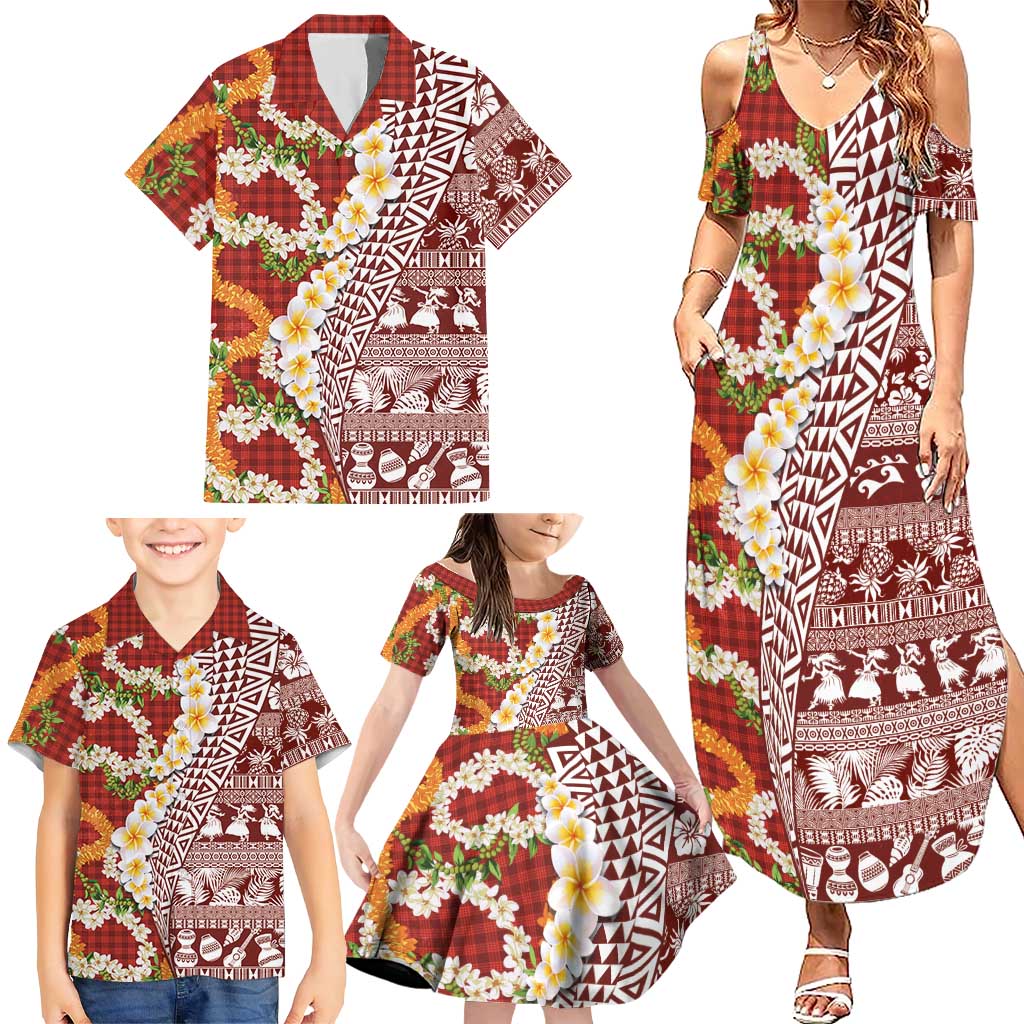 Hawaiian Plumeria Lei Family Matching Summer Maxi Dress and Hawaiian Shirt Kakau Motifs and Palaka Half Style Red Color LT03 - Polynesian Pride