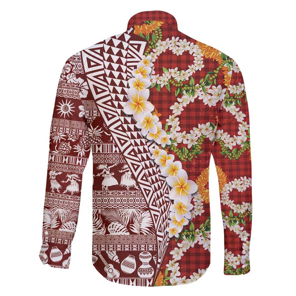 Hawaiian Plumeria Lei Family Matching Summer Maxi Dress and Hawaiian Shirt Kakau Motifs and Palaka Half Style Red Color - Polynesian Pride