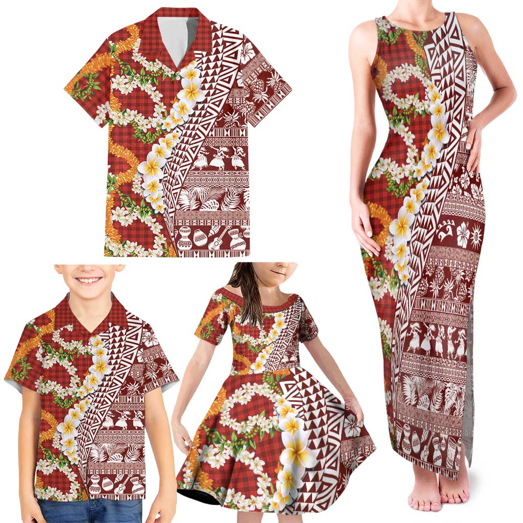 Hawaiian Plumeria Lei Family Matching Tank Maxi Dress and Hawaiian Shirt Kakau Motifs and Palaka Half Style Red Color LT03 - Polynesian Pride
