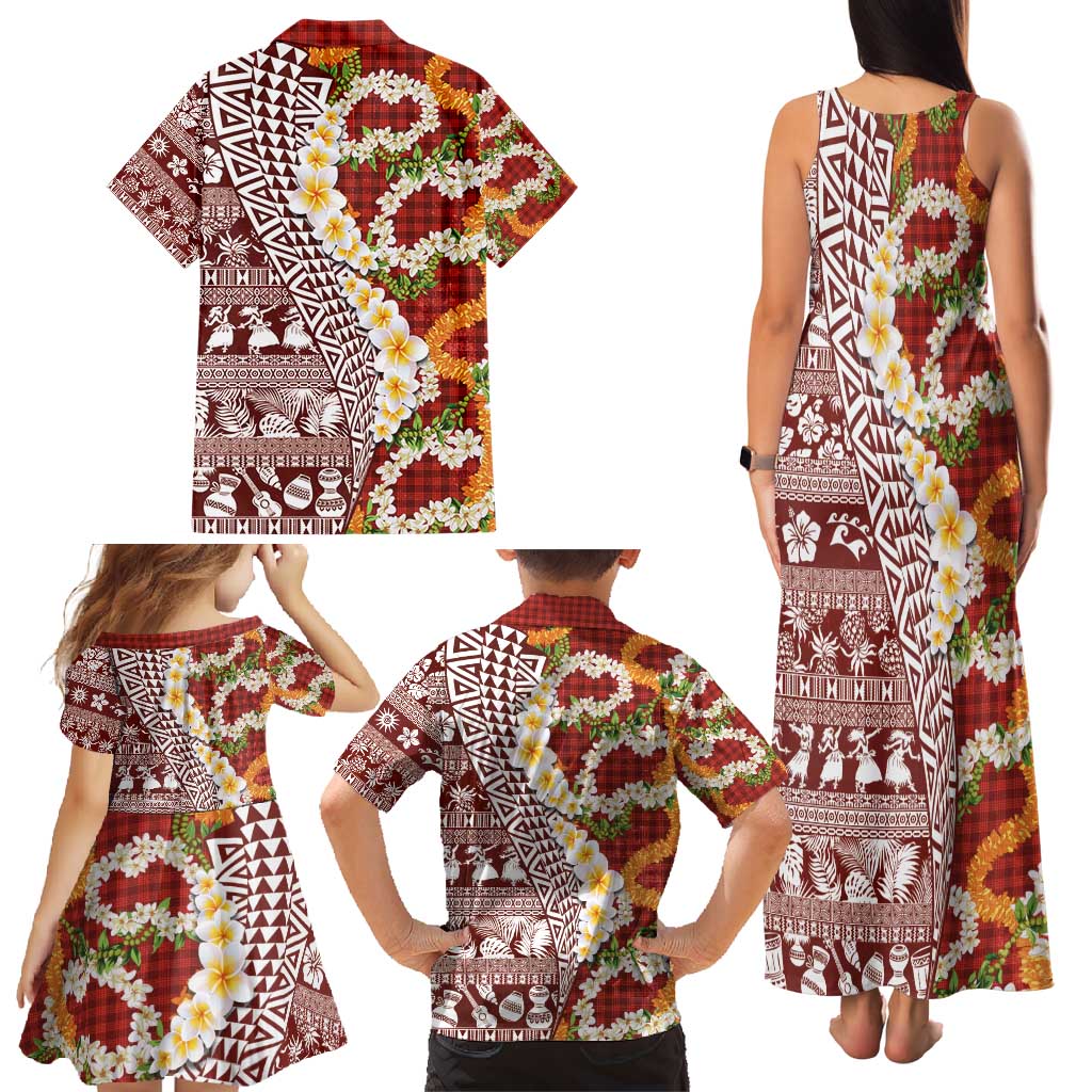 Hawaiian Plumeria Lei Family Matching Tank Maxi Dress and Hawaiian Shirt Kakau Motifs and Palaka Half Style Red Color - Polynesian Pride