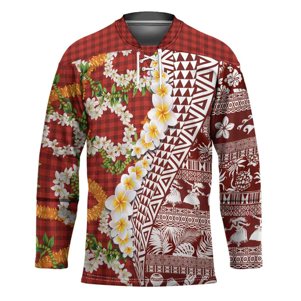 Hawaiian Plumeria Lei Hockey Jersey Kakau Motifs and Palaka Half Style Red Color - Polynesian Pride
