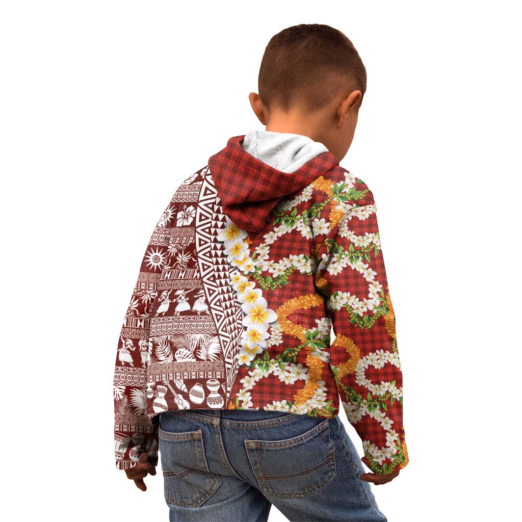 Hawaiian Plumeria Lei Kid Hoodie Kakau Motifs and Palaka Half Style Red Color - Polynesian Pride