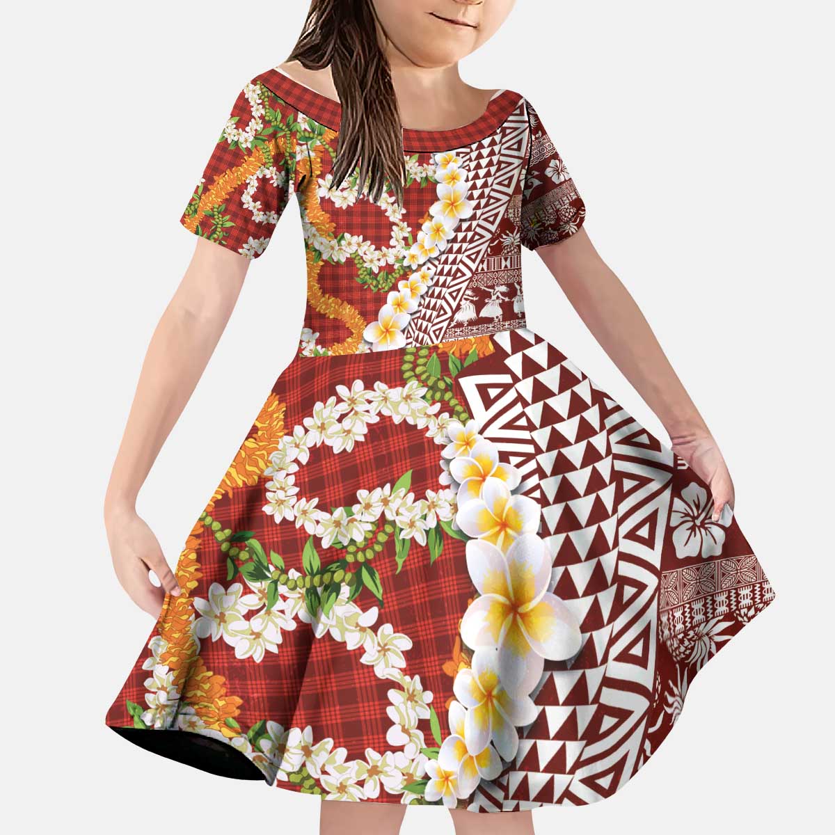 Hawaiian Plumeria Lei Kid Short Sleeve Dress Kakau Motifs and Palaka Half Style Red Color - Polynesian Pride