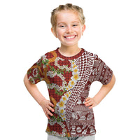 Hawaiian Plumeria Lei Kid T Shirt Kakau Motifs and Palaka Half Style Red Color - Polynesian Pride