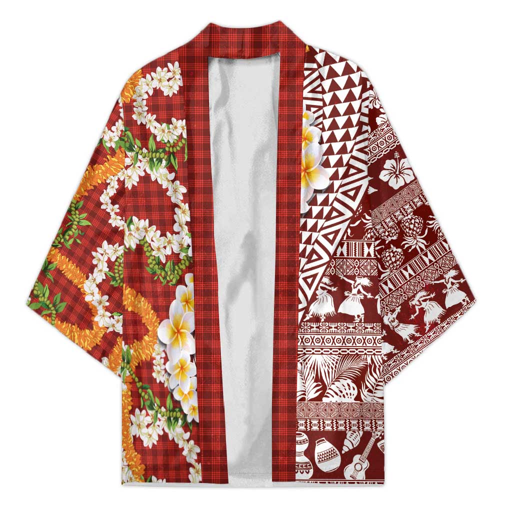 Hawaiian Plumeria Lei Kimono Kakau Motifs and Palaka Half Style Red Color LT03 Unisex Red - Polynesian Pride