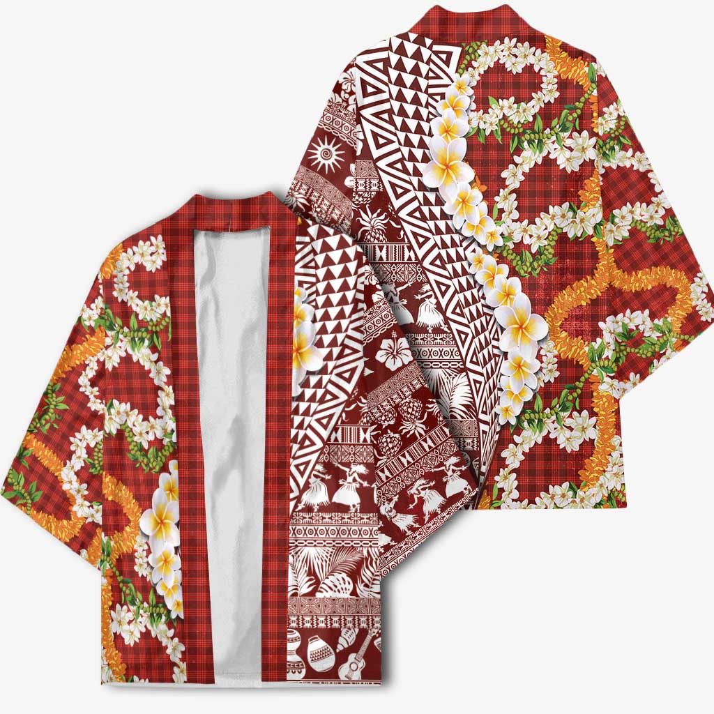 Hawaiian Plumeria Lei Kimono Kakau Motifs and Palaka Half Style Red Color LT03 - Polynesian Pride