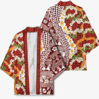 Hawaiian Plumeria Lei Kimono Kakau Motifs and Palaka Half Style Red Color LT03 - Polynesian Pride