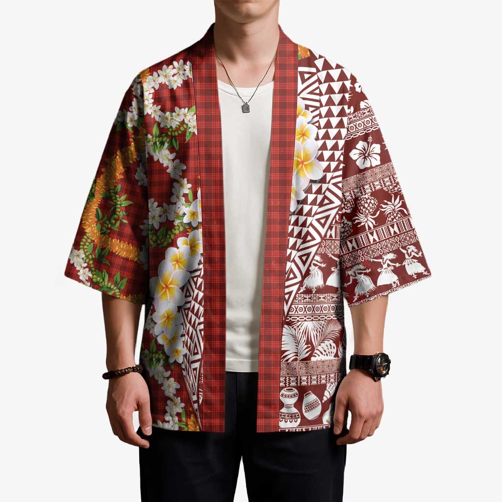 Hawaiian Plumeria Lei Kimono Kakau Motifs and Palaka Half Style Red Color LT03 - Polynesian Pride