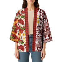 Hawaiian Plumeria Lei Kimono Kakau Motifs and Palaka Half Style Red Color LT03 - Polynesian Pride